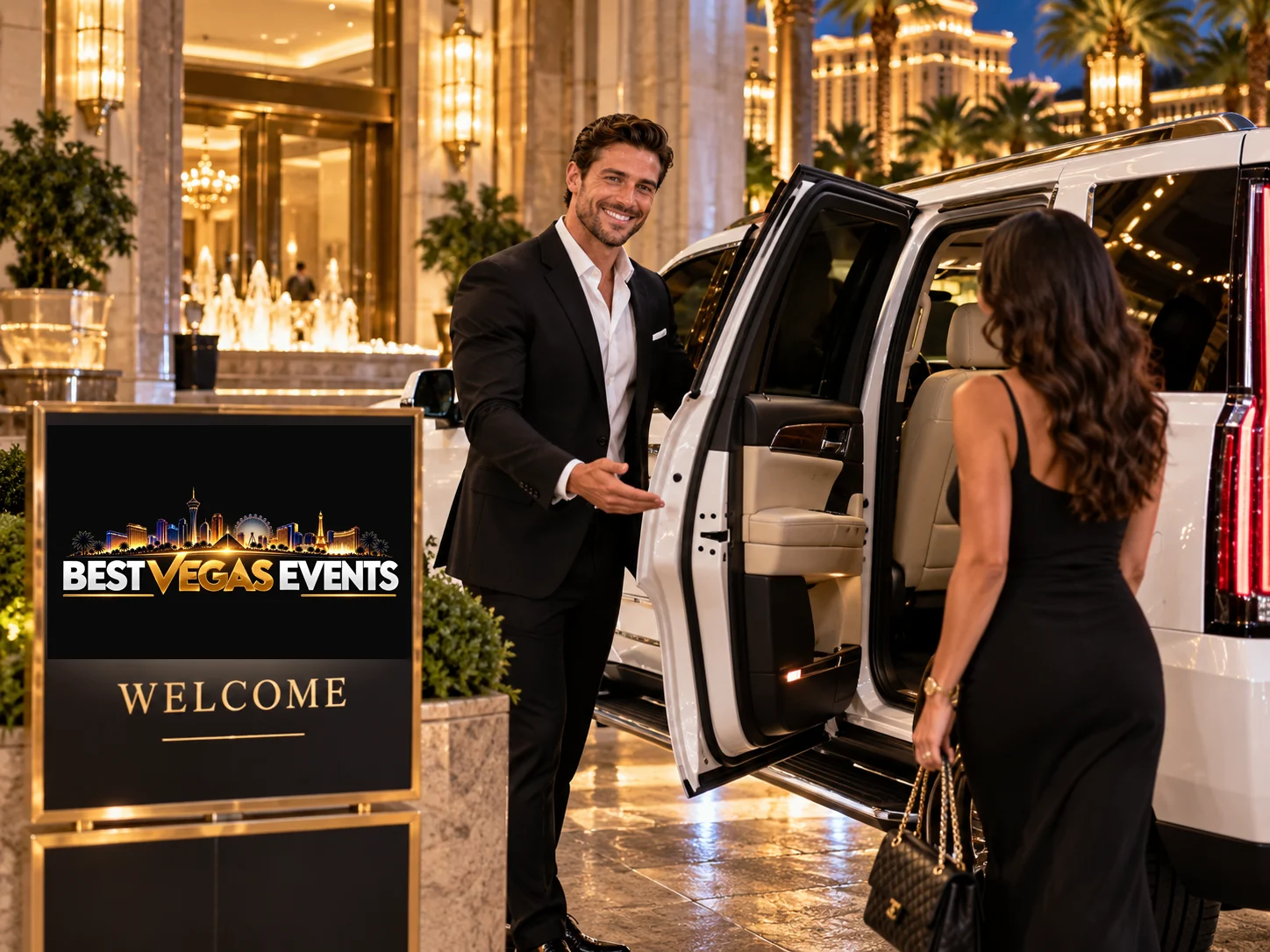 AI-generated illustration of a hotel arrival beside a white Cadillac Escalade, with an approved BVE welcome sign