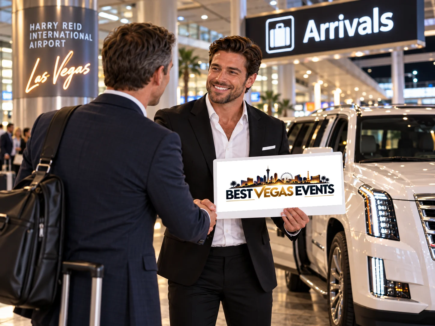 AI-generated illustration of an airport greeting with luggage, an approved BVE welcome sign and a white Cadillac Escalade