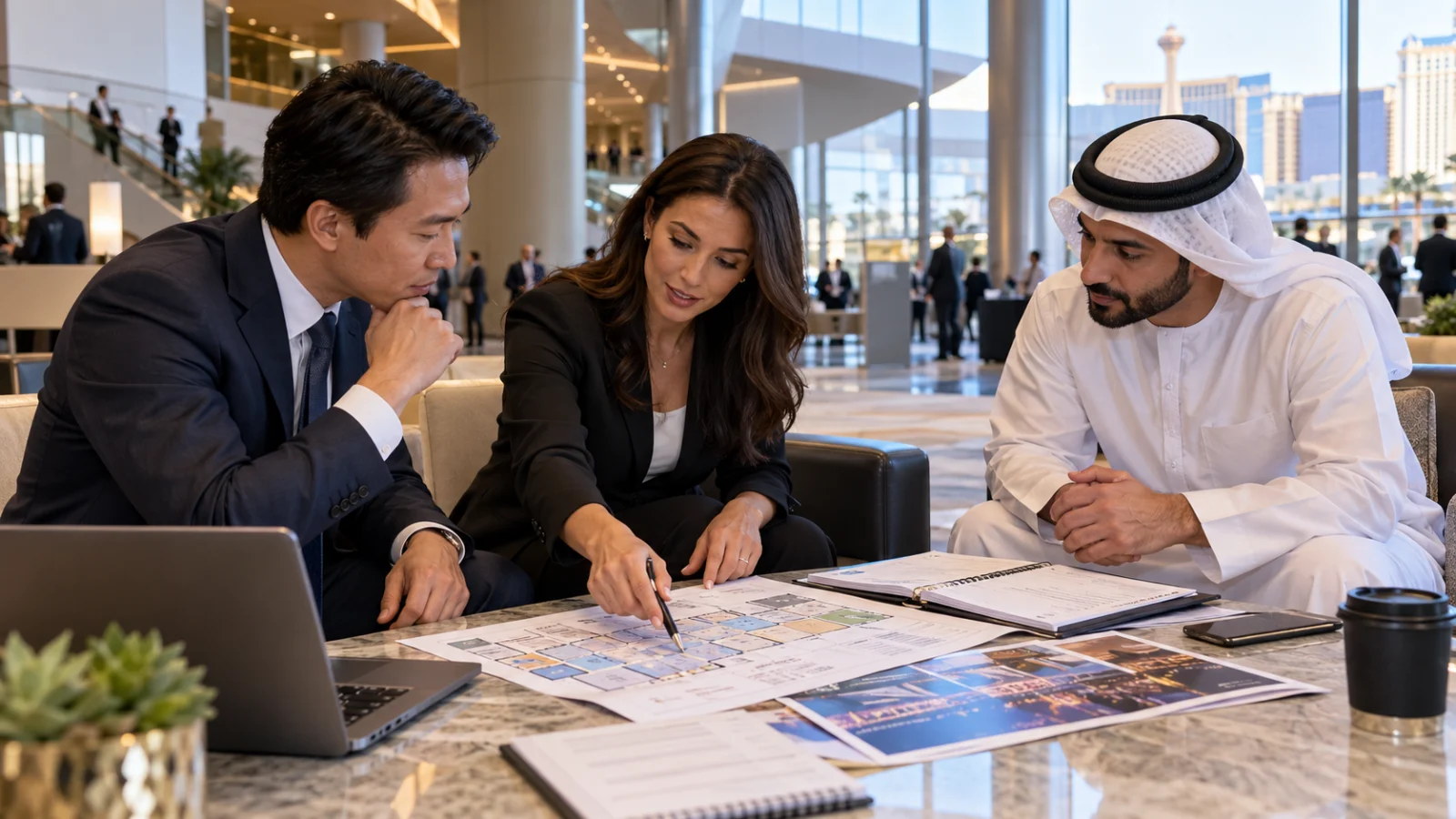 AI-generated illustration of business travelers discussing plans with a convention concierge