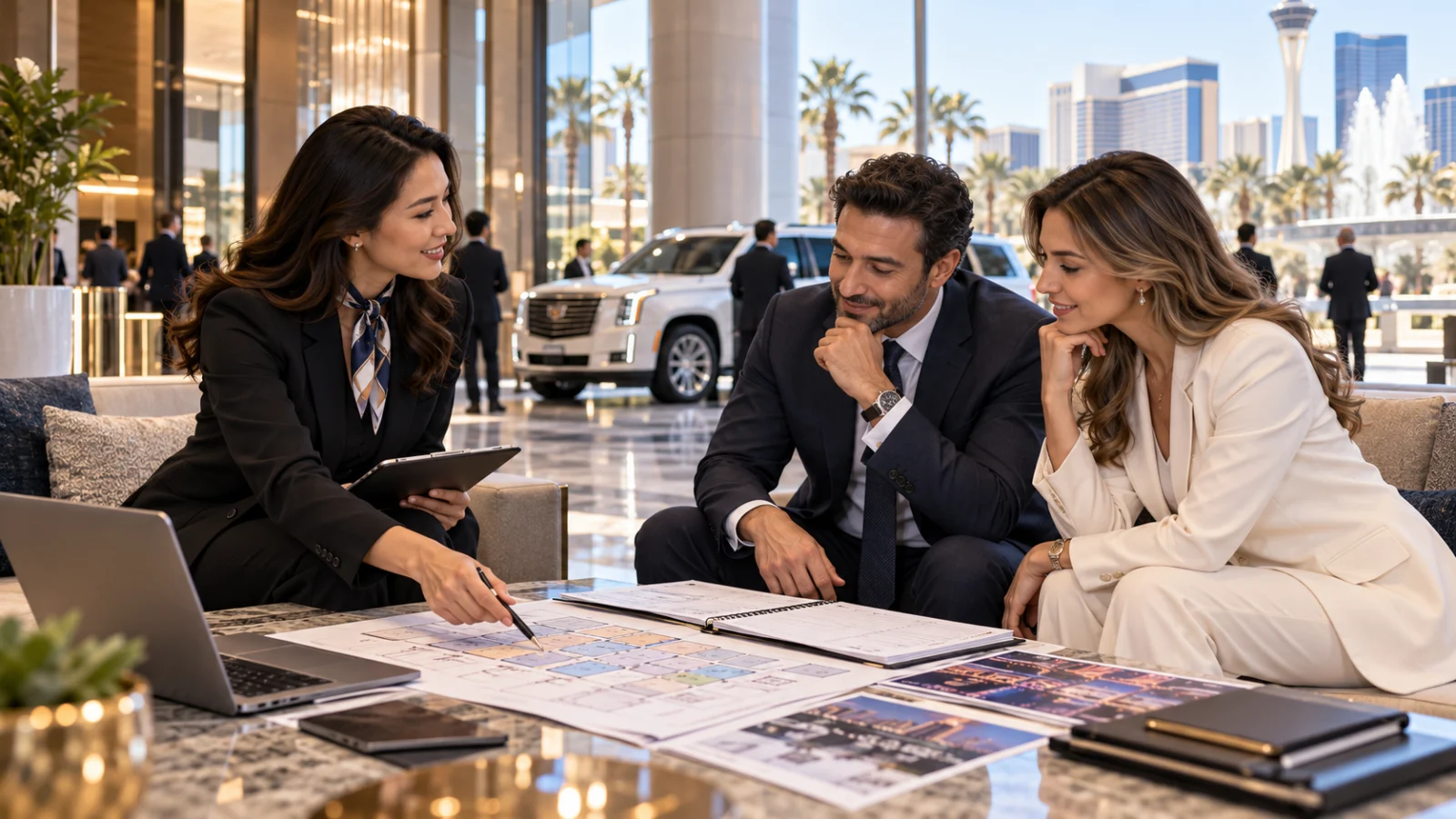 AI-generated illustration of visitors reviewing a convention visit plan with a concierge